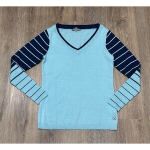 Smartwool Sweater Small Blue Merino Wool V Neck Striped Top